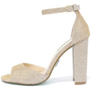 Betsey Johnson Jess Gold Glitter Peep Toe Ankle Strap Block Heels Size 6